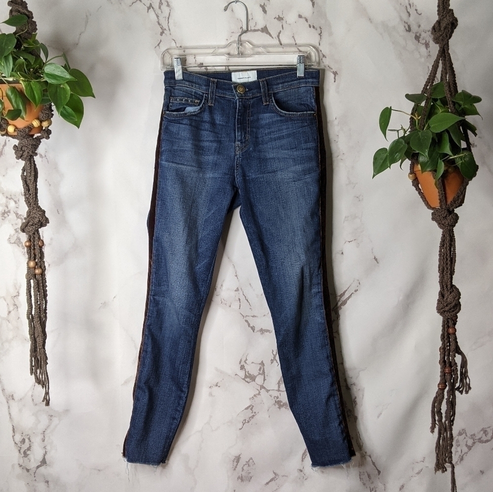 Current Elliott 0 25 high rise denim jeans medium wash skinny velvet stripe